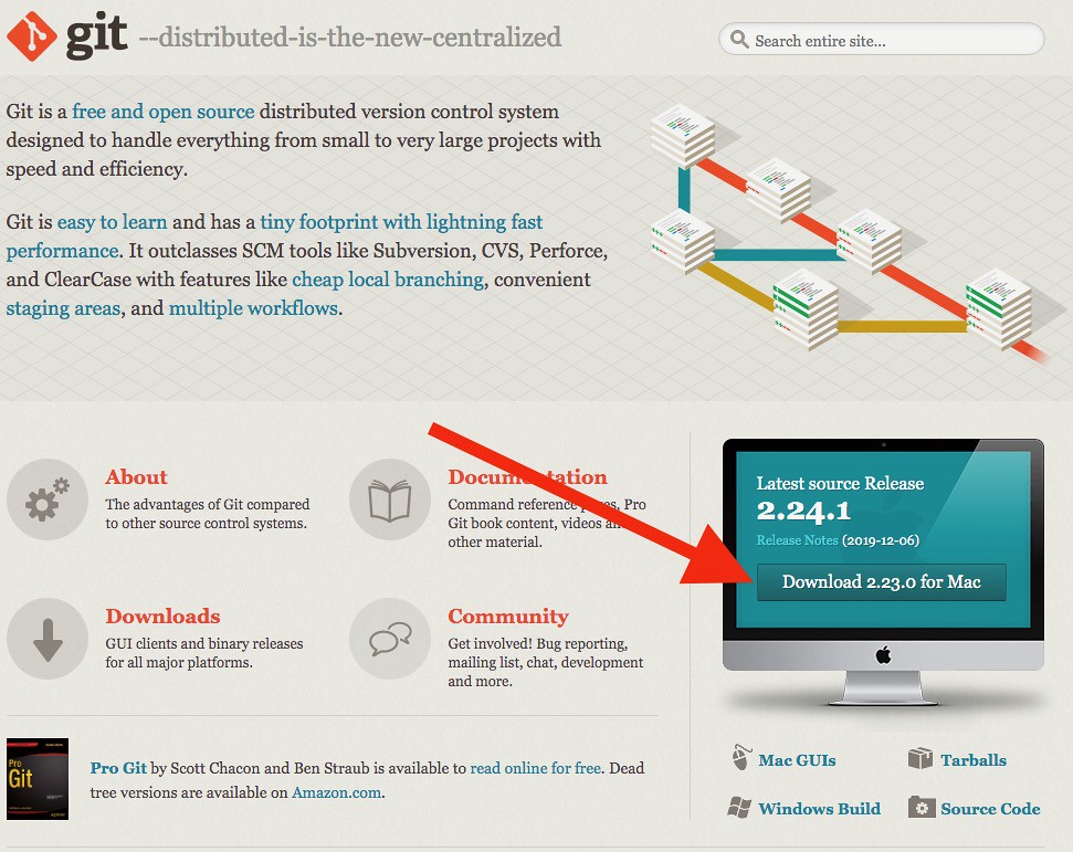 Screenshot of the Git website with an arrow pointing to the download button