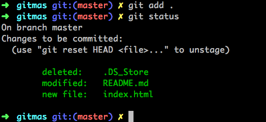 screenshot of git add and subsequent git status